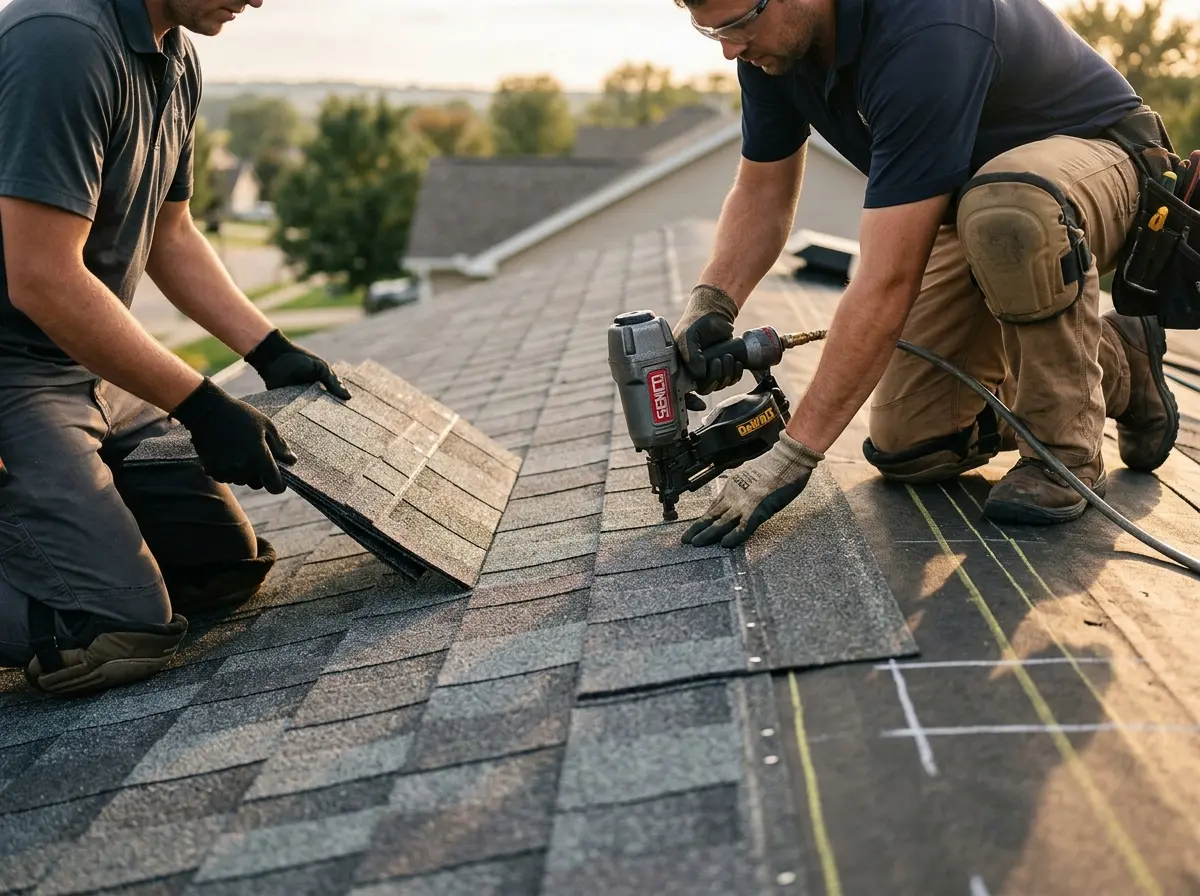 Professional roofer working on a residential roof in Grand Blanc